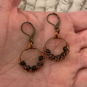 NWT- Handmade czech glass wire wrapped earrings in antiqued brass